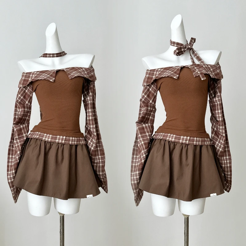 Autume Gothic Vintage Elegant 2 Piece Sets Women Y2k Slash Neck Design Blouse + Chic Skirt Female Plaid Korean Popular Clothes image 2