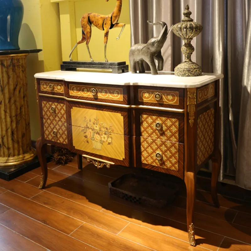 

European solid wood marble locker 1.3 meters rice leather parquet brown birch hand-painted entrance cabinet furniture