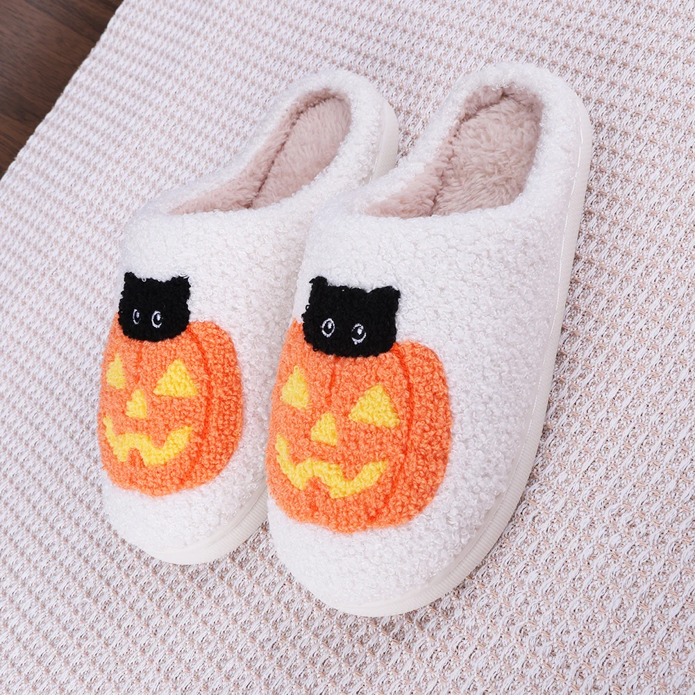 Halloween Pumpkin Cat Slippers Slip-on House Shoes Anti Slip Flat Thermal Slippers Soft Furry Slipper for Outdoor Indoor Bedroom