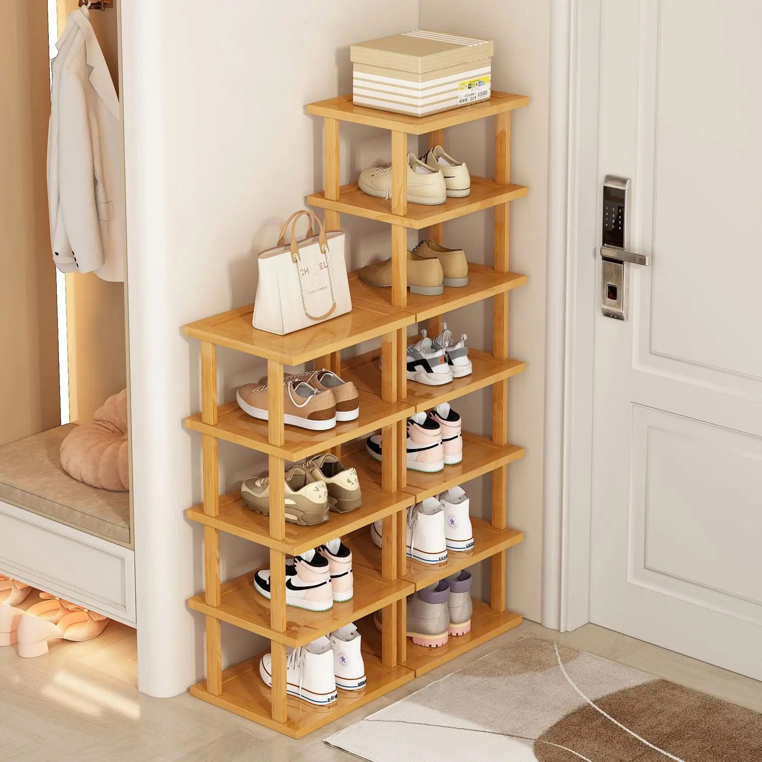 Natural Wood Shoe Rack Multi-Layer Stackable Shoe Organizer Wall Corner Storage Rack Space Saving Shoe Cabinet Home Shoe Shelf