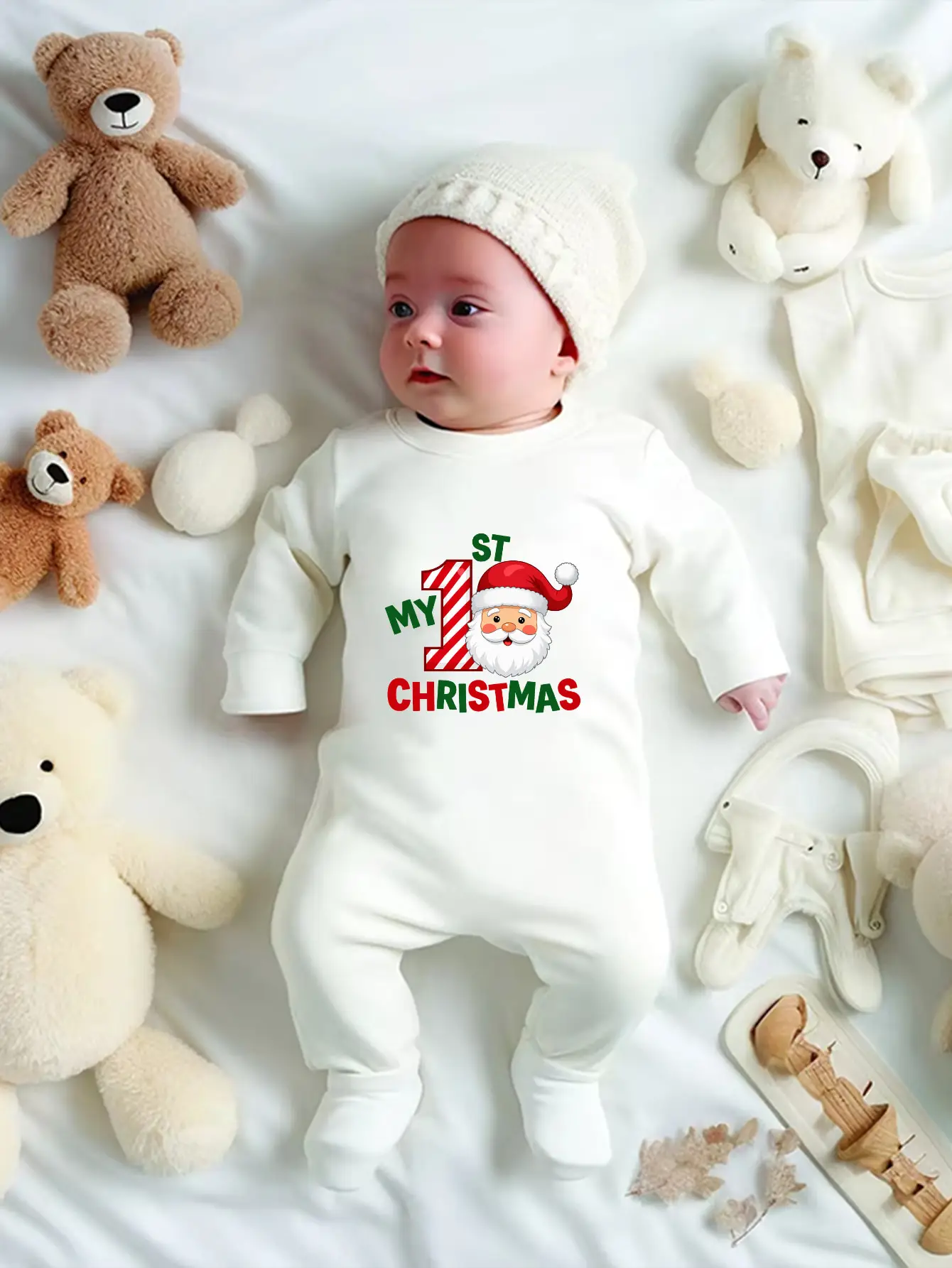 My First Christmas Baby Footed Romper Santa Claus Print Long Sleeve Newborn Jumpsuit Infant Christmas Outfit Gift