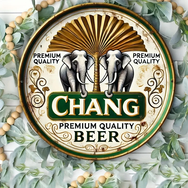 2D flaches 1-teiliges rundes Holzschild mit Retro-Chang-Bier-Elefant-Logo, geeignet für Bars, Häuser, Küchen, Büros oder Gärten