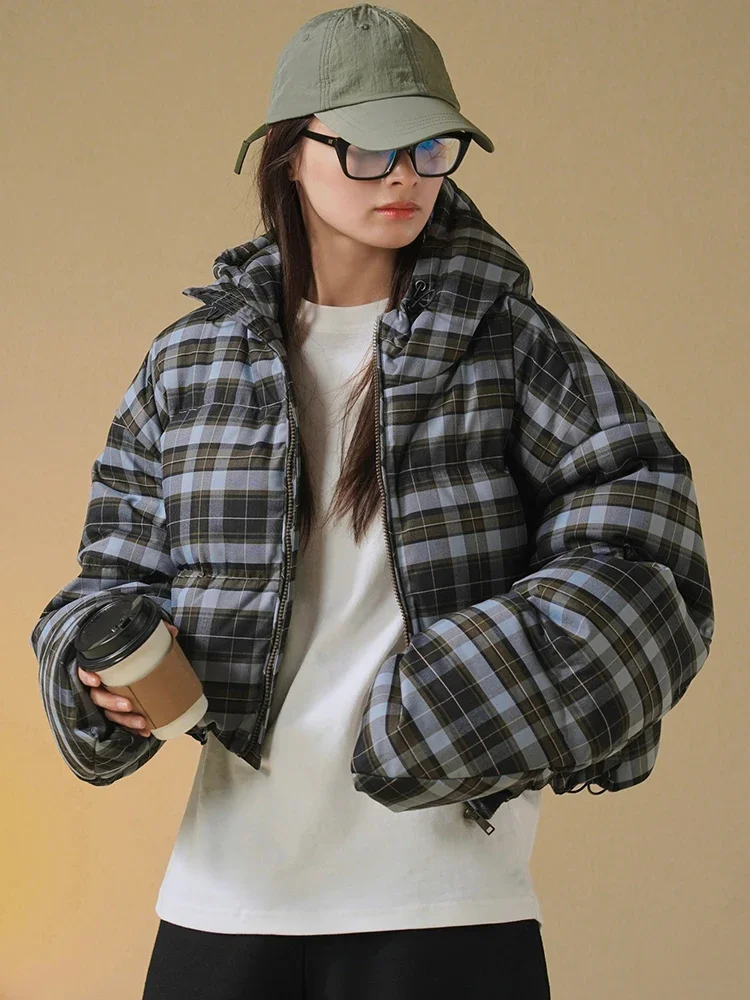 Streetwear Retro Plaid Hooded Women\'s Down Coats 2024 New Fluffy Warm White Duck Down Jacket Winter Short Puffer Jackets