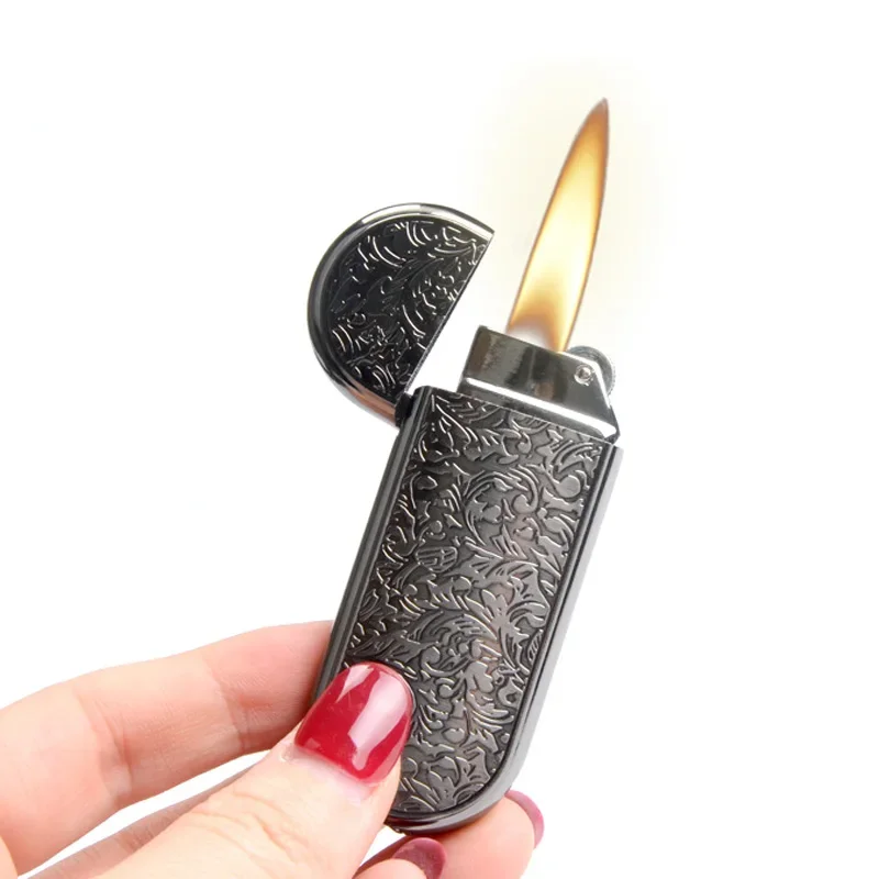 Ultra thin portable grinding wheel open flame lighter, personalized relief, lucky flower butane inflatable lighter