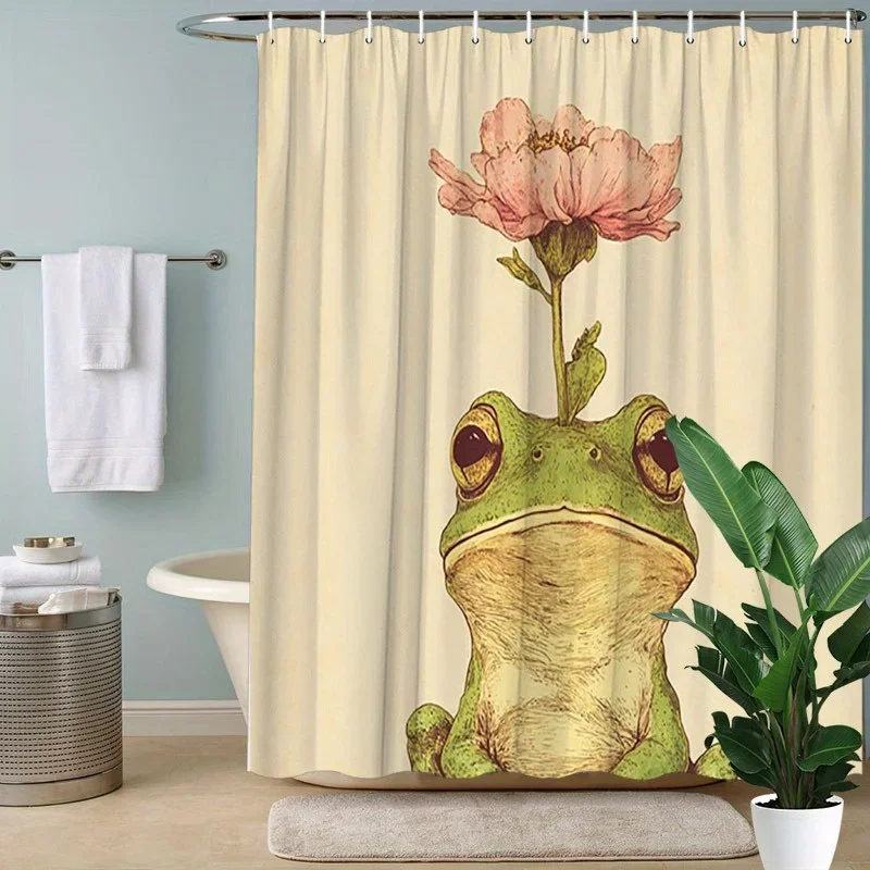 

1 шт. винтажная занавеска для душа с зеленой лягушкой и розовым цветком - нарисованный вручную полиэстер, химерный дизайн для современных ванных комнат