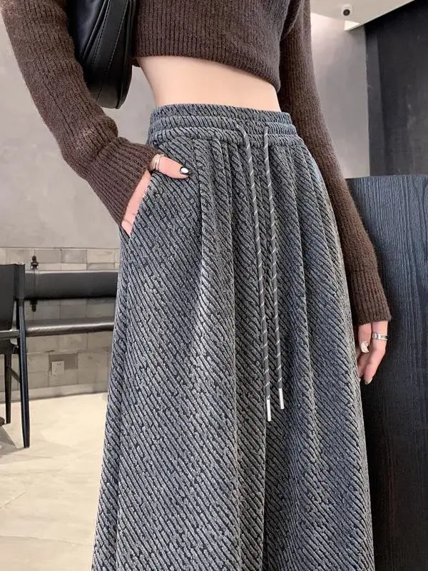 กางเกงขายาวทรงขากว้างผู้หญิง สไตล์ลำลอง สำหรับฤดูใบไม้ร่วงและฤดูหนาว รุ่นใหม่ เอวยางยืดสูง ผ้าถักโพลีเอสเตอร์ผสมสแปนเด็กซ์