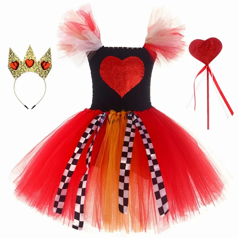 Alice Queen Of Hearts Costume Kids Red Queen in Wonderlands Cosplay Costume Crown Baby Girls Halloween Birthday Party Dress V