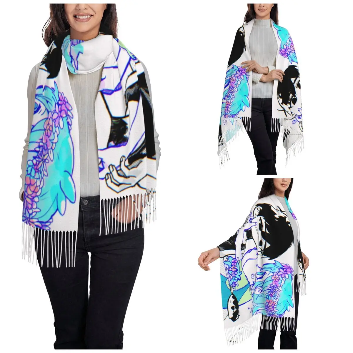 Omori Basil Sunny Scarf for Womens Winter Fall Pashmina Shawl Wrap Video Game Long Large Scarves with Tassel for Daily Wear