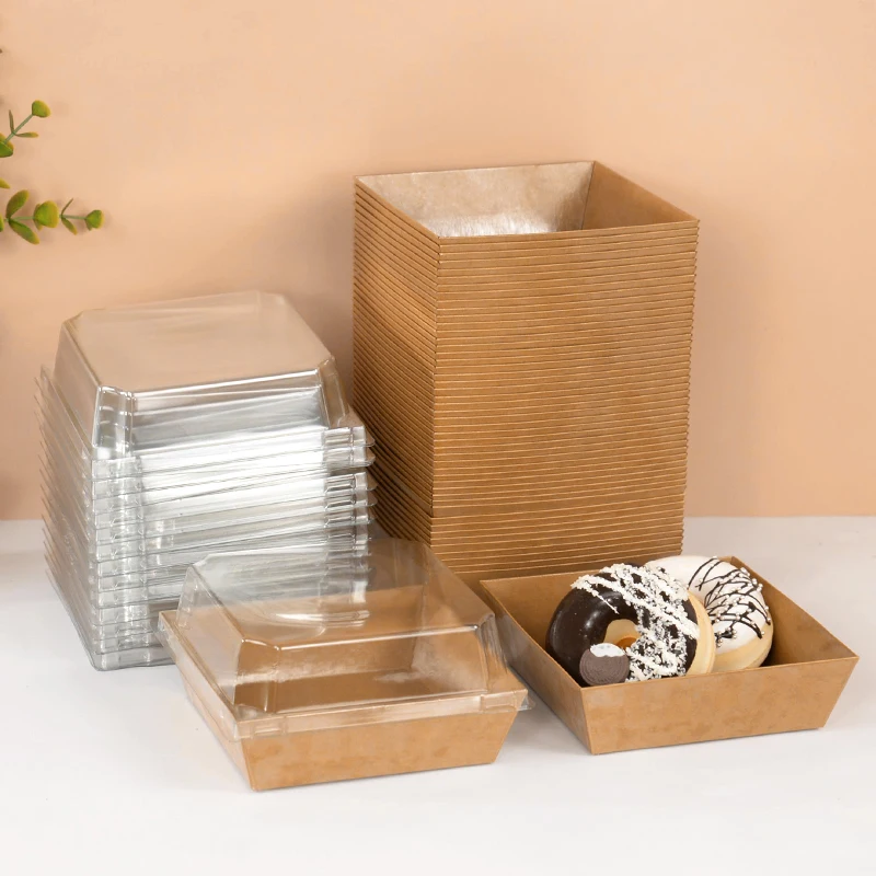 Caja de comida cocida con tapa transparente, cajas de charcutería desechables de papel, sándwich, postre, panadería, pastel, cajas de embalaje cuadradas, 5 uds.