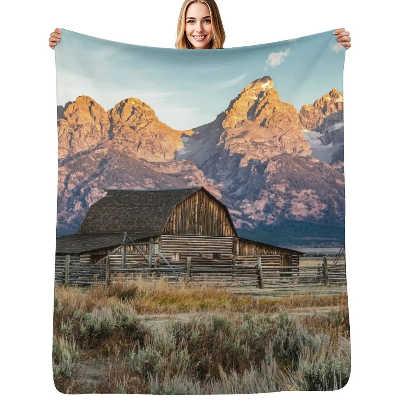 Grand Teton National Park - Moulton Barn Throw Blanket Plush Fuzzy Cozy Blanket for Couch Sofa