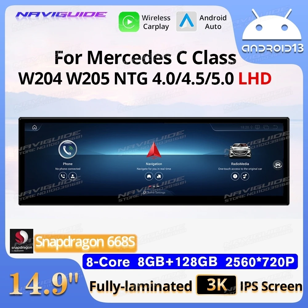 

NAVIGUIDE Android 13 14.9" For Mercedes C Class W204 W205 NTG 4.0 4.5 5.0 Car Multimedia System Wireless CarPlay Android Auto BT
