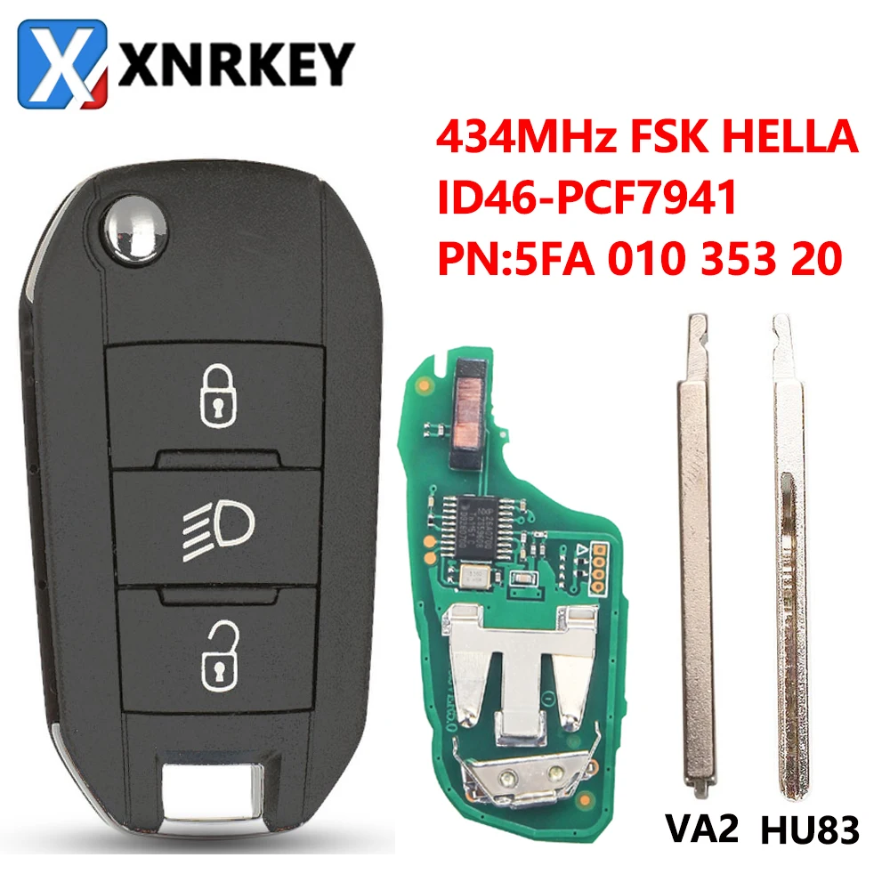 

XNRKEY 3 Button Light Flip Remote Car key ID46 Chip 434Mhz for Citroen C3 C5 Aircross Peugeot 208 308 508 2008 Hella Car Key