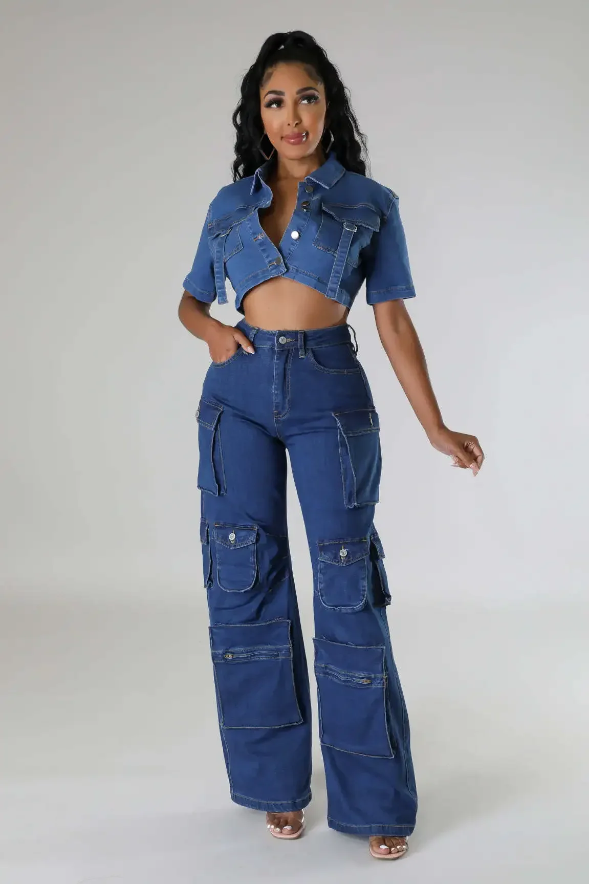 Women Jeans High Waist Cargo Pants Zipper Fly Washing Loose Fit Denim Pockets Streetwear Ankle Length Solid 2024 Summer