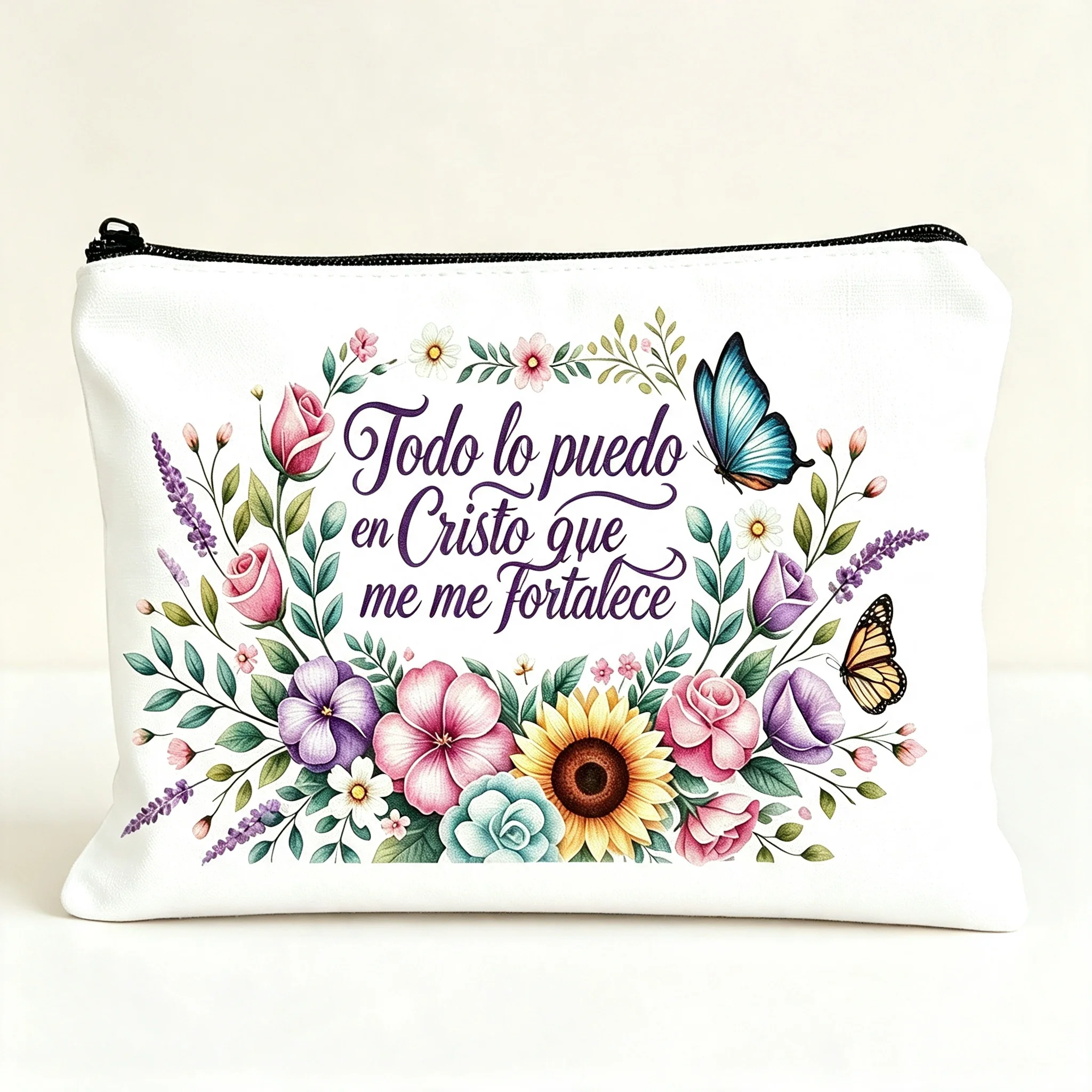 Spanish Verse Floral Butterfly Print Cosmetic Bag Inspirational Canvas Zipper Pouch Women Daily Makeup Toiletry Storage Bag