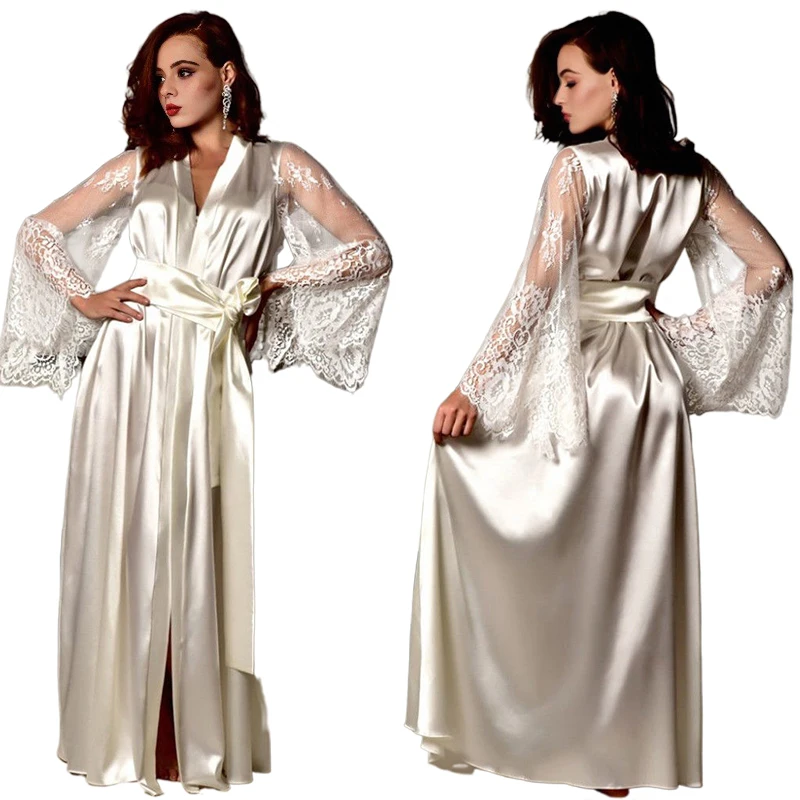 

Lace Satin Solid Color Mesh Tight Waist Lace Up Sexy Women Bathrobe For Sleeping Lady Nightgown See-through Long Sleeves Pajamas