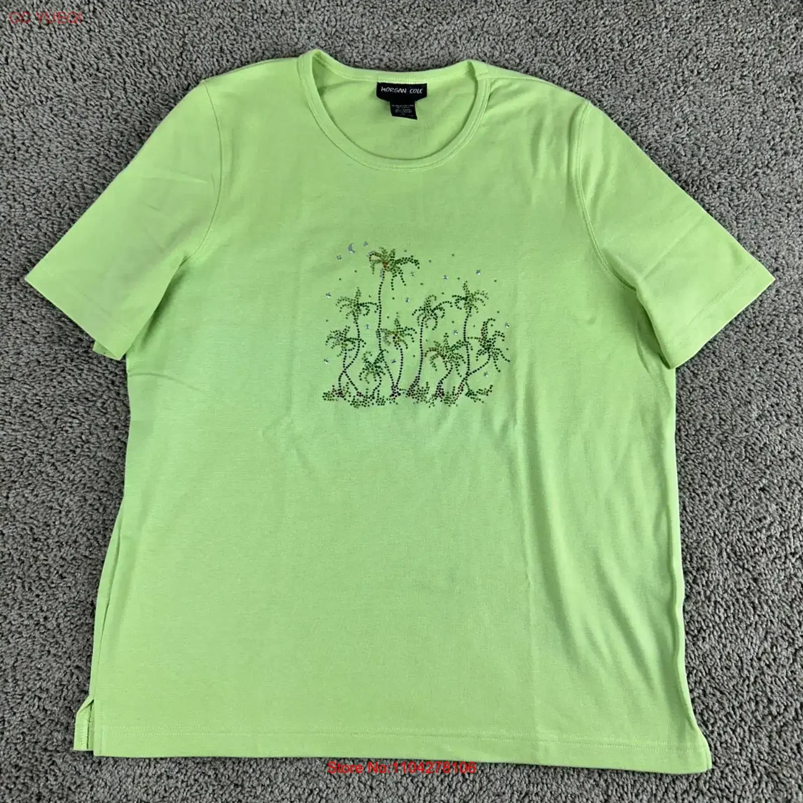 Morgan Cole T Shirt Womens Large Green Rhinestone Palm Tree Ramie Blend Ladies vintage Washed Unisex fashion homme Slightly