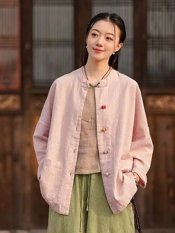 Retro Nieuwe Chinese Sle Losse Katoenen Linnen irt voor Vrouwen met Knop Open Vest Bovenkleding Grote Maat Top