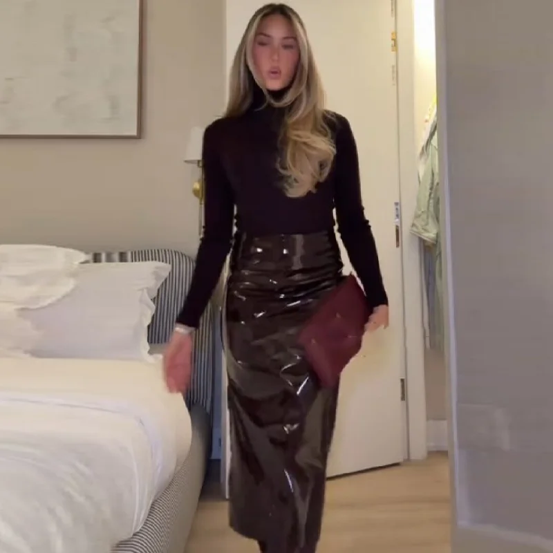 Women Trendy Patent Leather Long Skirt Retro High Waist Side Slit Dress New Lady High Quality Dresses High Street Commute Outfit