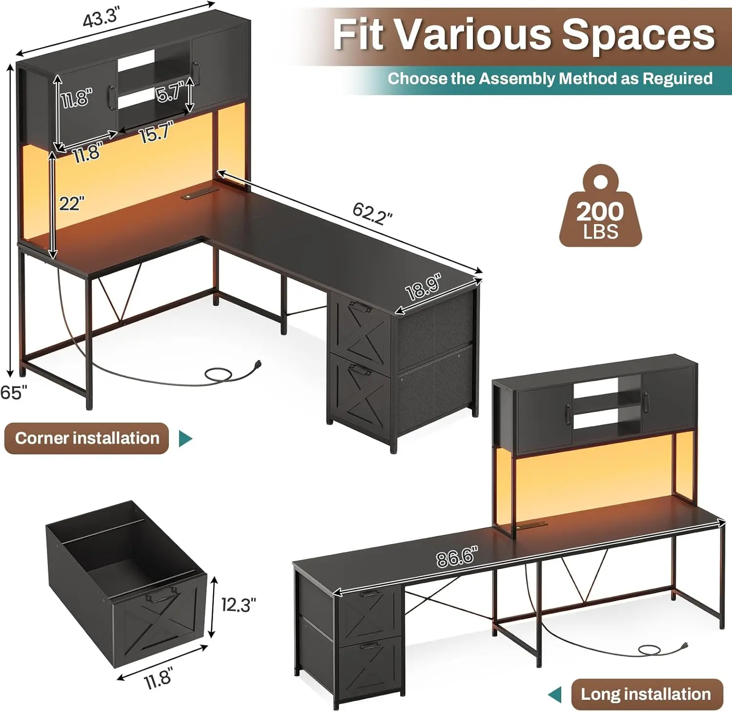 Corner Computer Desk, Reversible L Shaped Computer Desk with Fabric Drawers and Power Outlet, Gaming Desk with Led Lights, Black