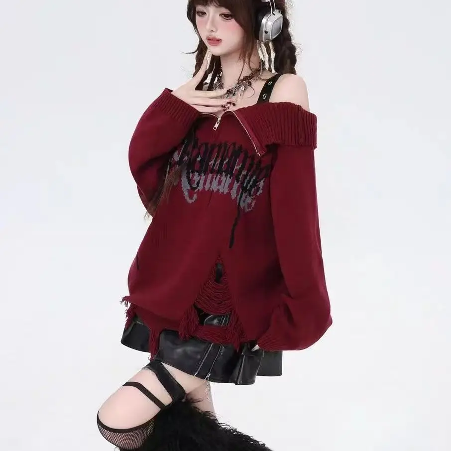 Goth Grunge Ripped Design Off-the-shoulder Sweater Women Autumn Winter Knit Pullover Purple Loose Y2K It-girl Knit Top Sweaters