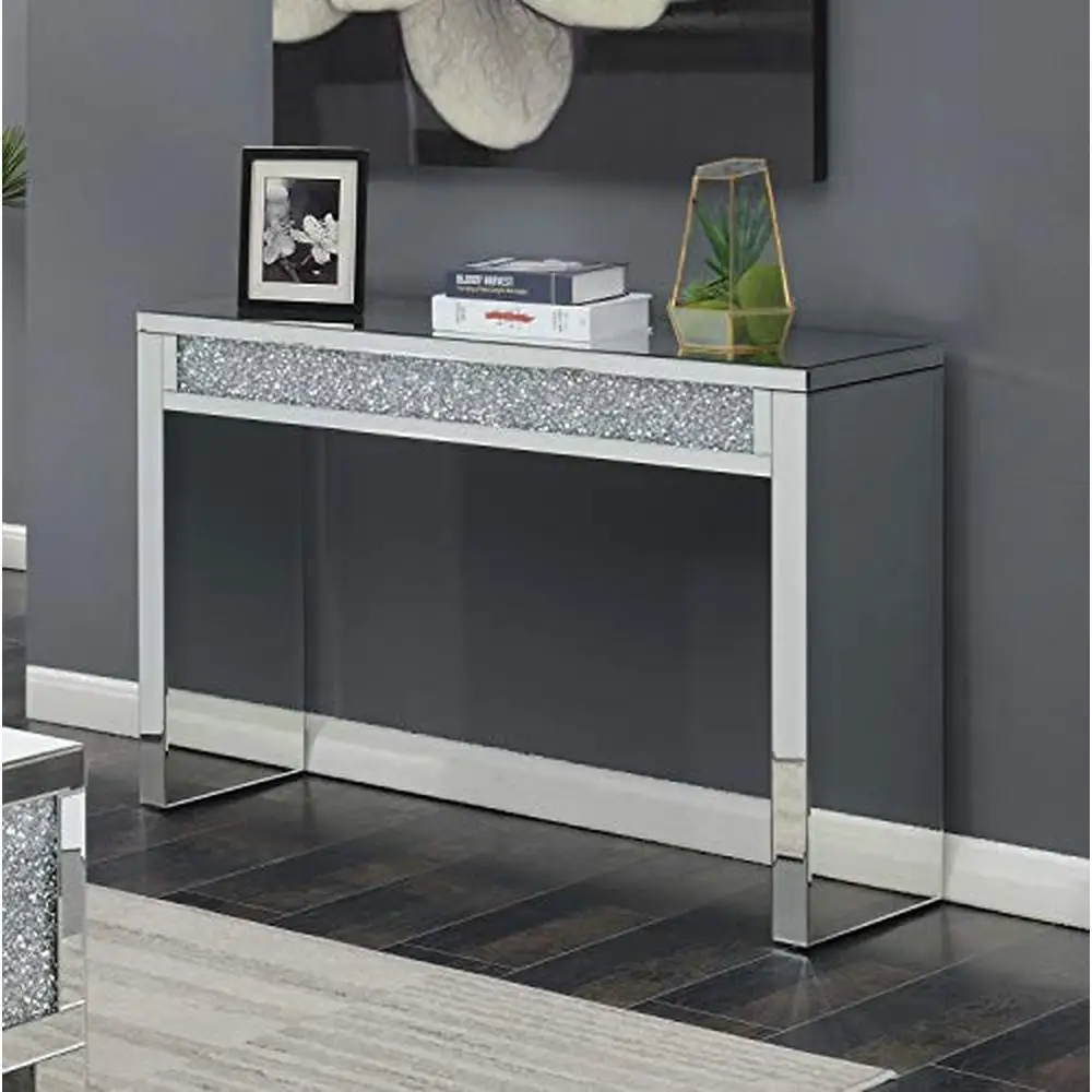 Mirrored Sofa Table Clear Finish Hardware Included Modern Home Decor Easy Assembly Kit Glass Top 47.25"W x 31.5"H Silver Color image 2