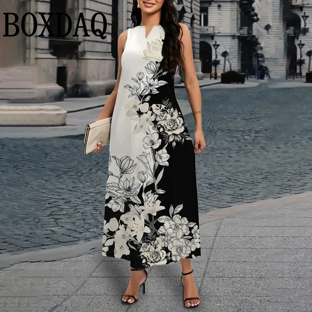 Senhoras primavera verão vestido longo sexy tanque com decote em v vestidos de praia casuais flores elegantes 3d impresso solto vestidos vintage para mulher