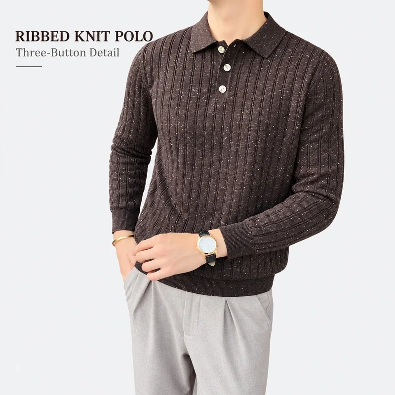 Mens Ribbed Knit Polo Sweater Long Sleeve Three Button Placket Turn Down Collar Regular Fit Pullover Autumn Winter Casual Wear
