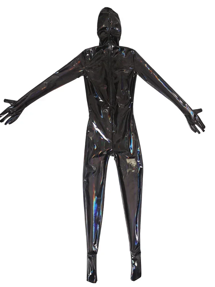 

Sexy Men's Full Bodysuit Oil Shiny Latex Elasitc Tights Zipper Open Crotch Cosplay Leotard U Convex Pouch Jumpsuit Plus Size