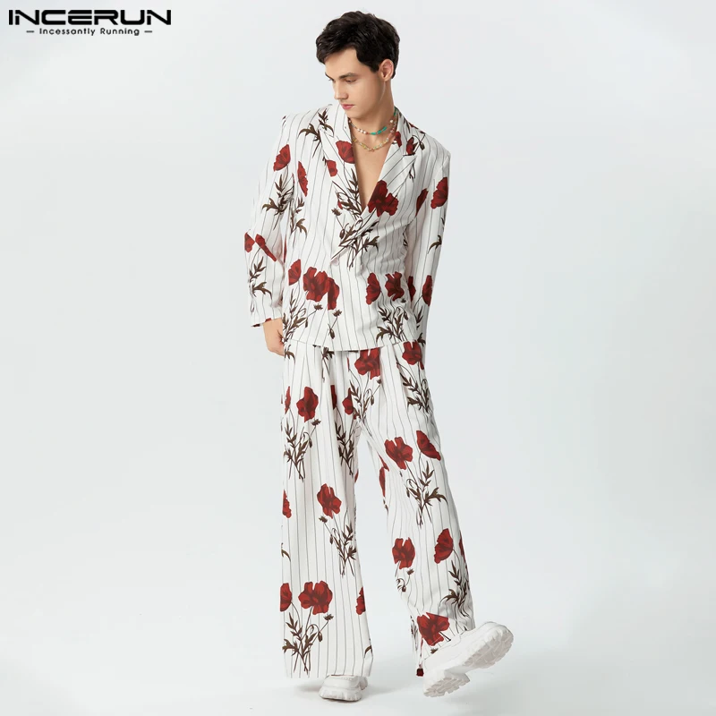 INCERUN 2023 American Style Handsome Mens Sets Rose Print Stripe Printing Casual Tops Wide Leg Pants Fashion Two Piece Set S-5XL