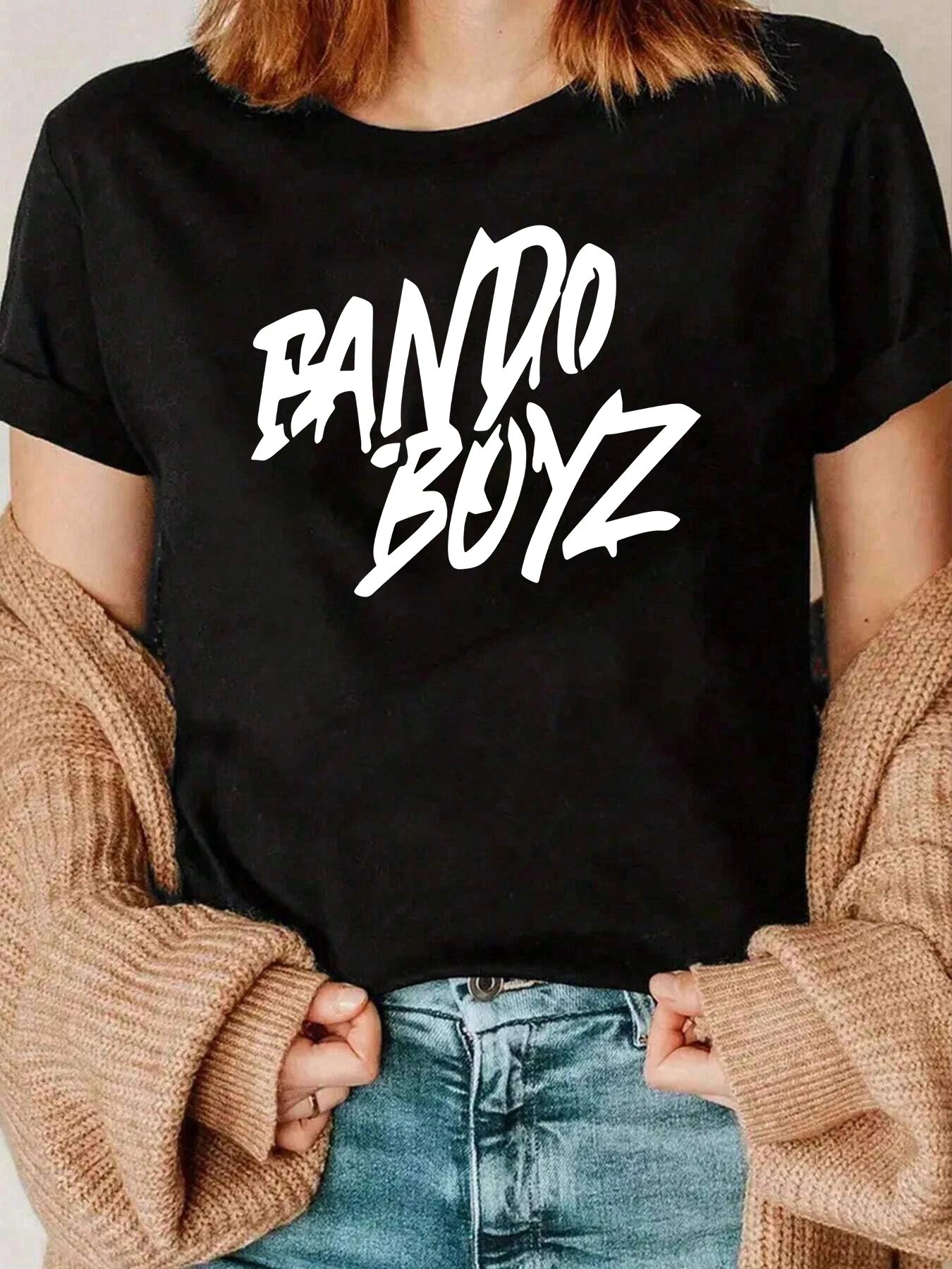 Camiseta Bando Boyz com estampa de gola redonda, roupa casual para mulheres 220g