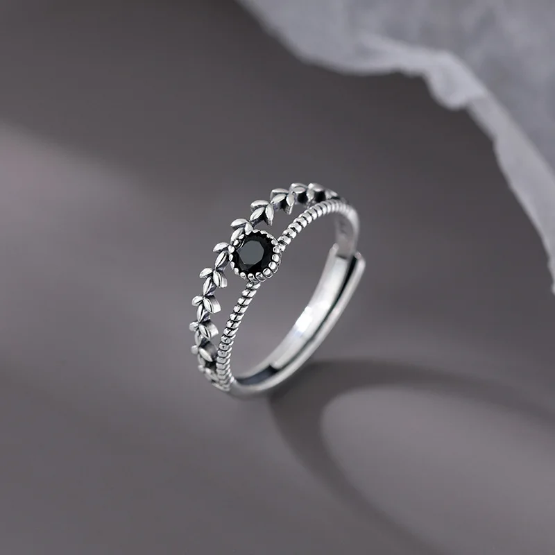 VENTFILLE 925 Sterling Silver Black Zircon Wheat Ears Leaf Ring for Women Girl Gift Double Layer Simple Jewelry Dropshipping