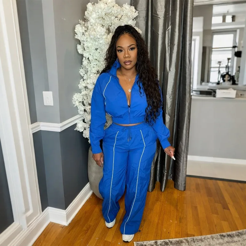 

GUWU Fashion Women's Contrasting Line Zipper Jacket and Wide Leg Elastic Drawstring Pants Two-piece Set Sports Matching Sets