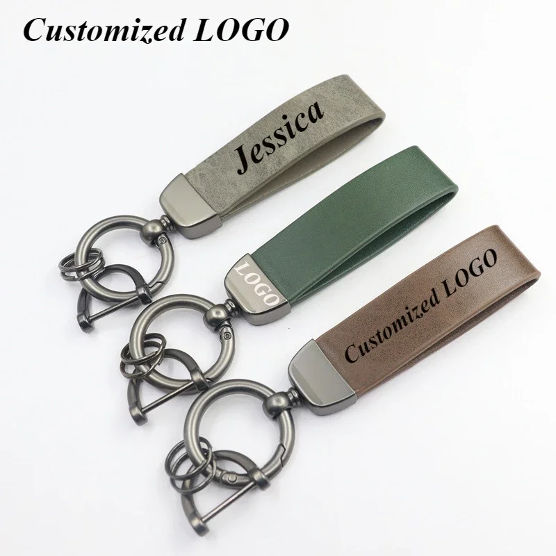 Custom LOGO Crazy Horse Skin Fashion Car Key Ring Leather Keychain High-end Key Chain Keyring for Men and Women Gift Bulk