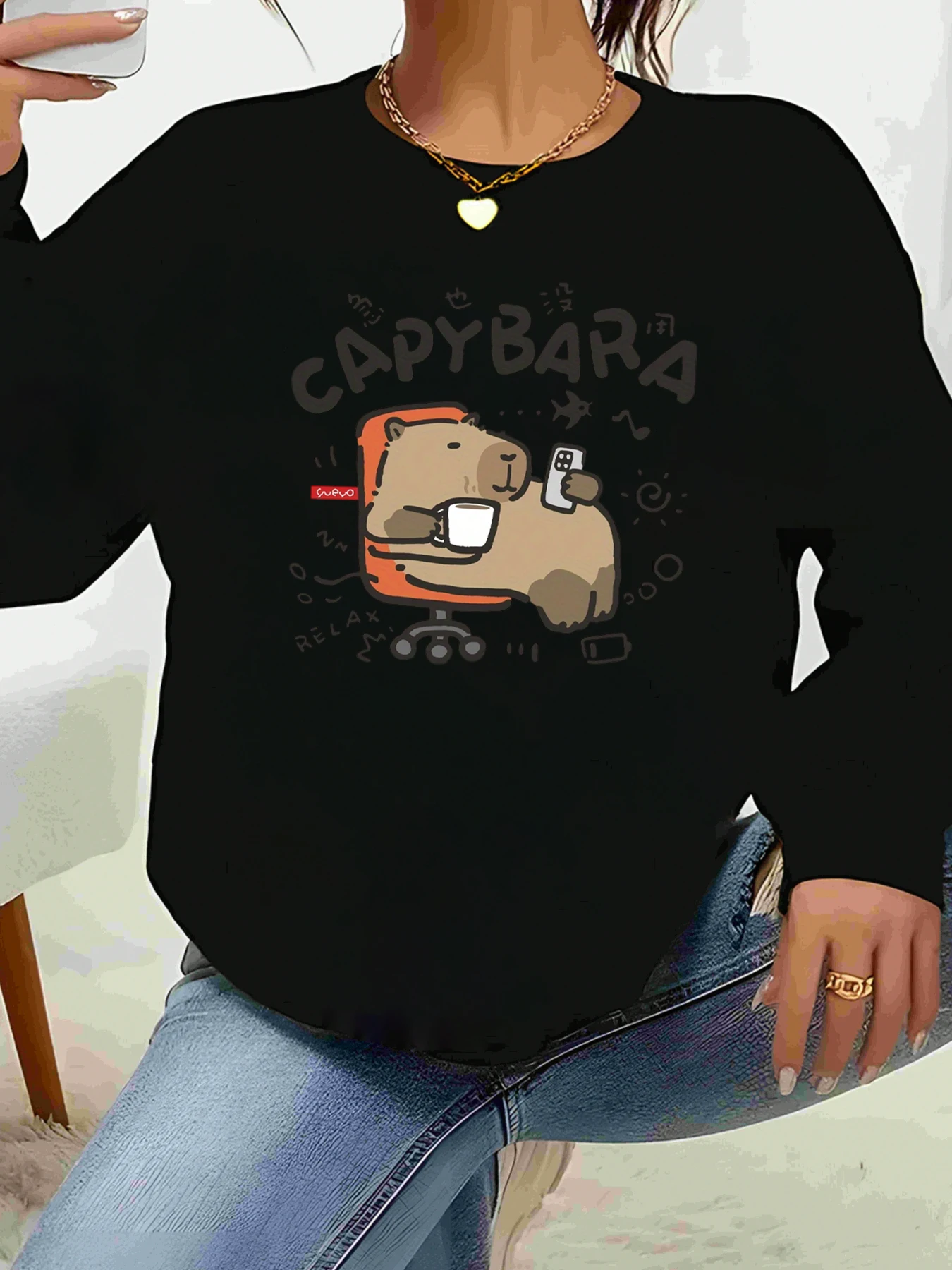 

Капибара Relax офисный свитер с длинными рукавами и принтом, повседневная одежда, женская мода