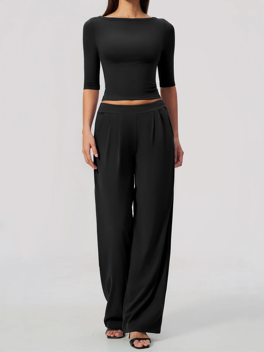 VITALINOVO Women 2 Piece Workout Sets Half Sleeve Boat Neck Slim Fit T Shirts Mathcing High Waisted Flowy Pleated Wide Leg Pants