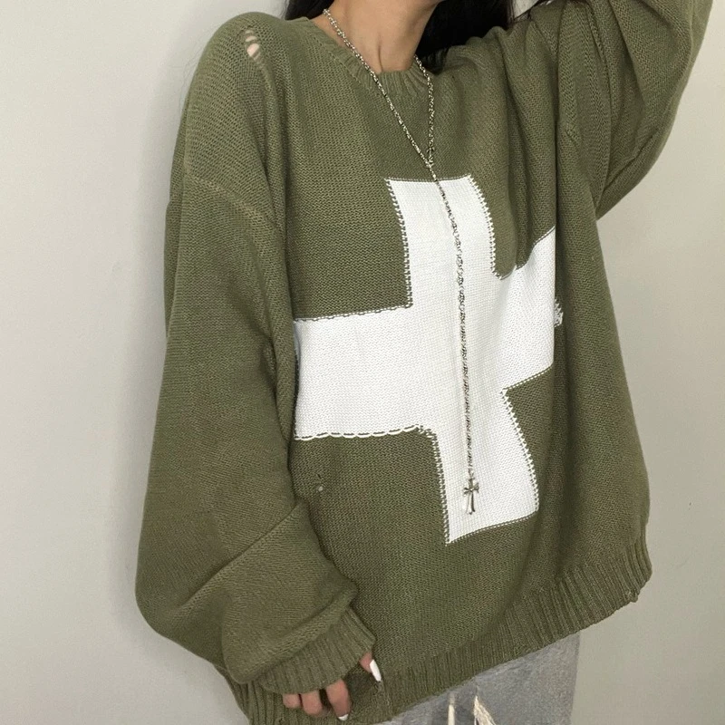 

KAPITAL Cross-Hatch Hole Crewneck Knit Sweater Fall/Winter Relaxed Vintage-Inspired Oversized Crewneck Long-Sleeve green Sweater
