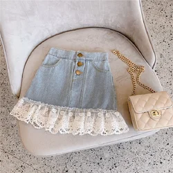 3-12 year old girl's short skirt summer new loose denim girl's half skirt solid color sweet lace patchwork denim short skirt