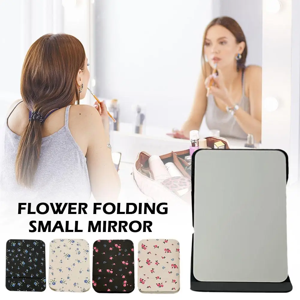 Retro Flower Folding Small Mirror HD Home Makeup Mirror Small Table Dressing Mirror PU Non-slip Leather Shockproof Portable U3D9