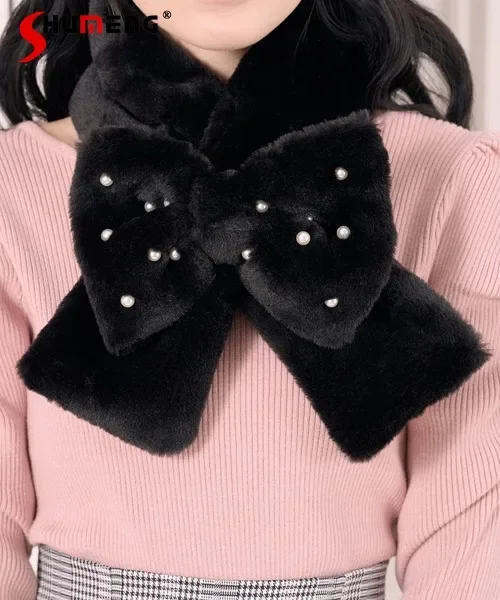 Cute Woman Pearls Bow Scarf Winter Neck Warmer Girl Korean and Japanese Style Plush Faux Rabbit Fur Warm Long Scarfs for Women