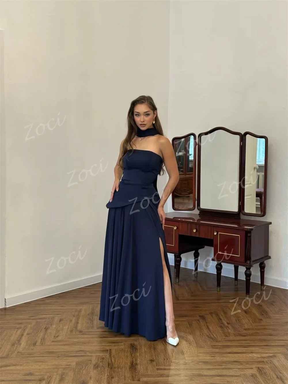 Zoci Navy Blue Chiffon Satin Long Prom Dresses Wrap Customized High Slit Evening Dress Women Formal Party Occasion Gown