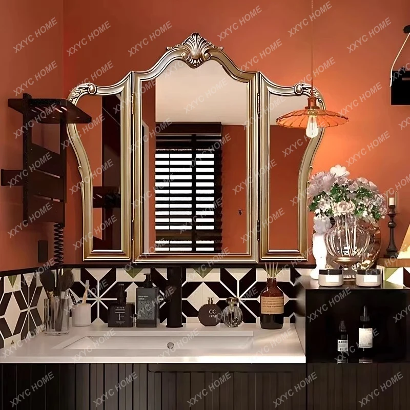 retro makeup mirror, wall-mounted carved tri-fold mirror desktop folding