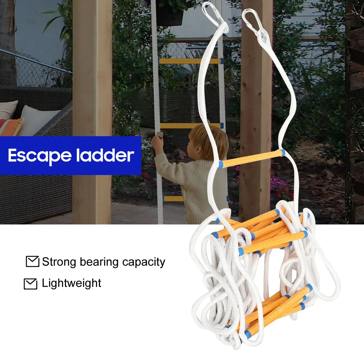 Escada de Emergência de 10m com Capacidade de 200kg e 2 Mosquetões, Escada de Segurança para Resgate em Janelas e Varandas