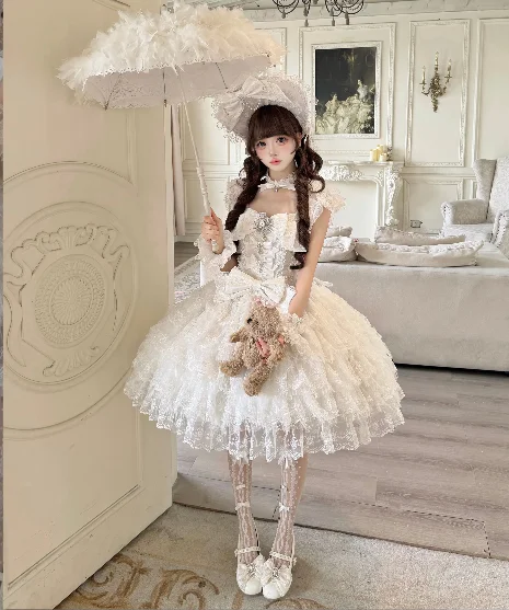 Lolita Fashion Versatile Age Reduction Bow Slash Neck Jsk Suspender Dress Sweet Girl Elegant Lace Romantic Fairy Party Dresses
