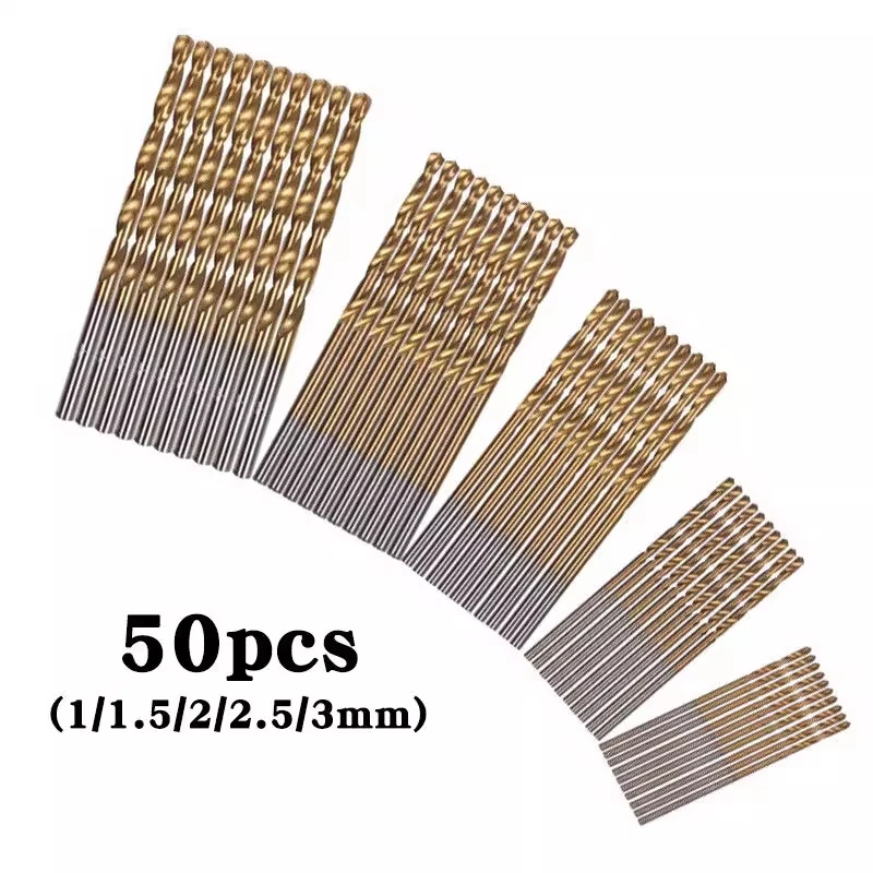 

50pcs Twist Drill Bit Set 1-3mm Mini Titanium Plated Metal High Speed Steel Hand Tools