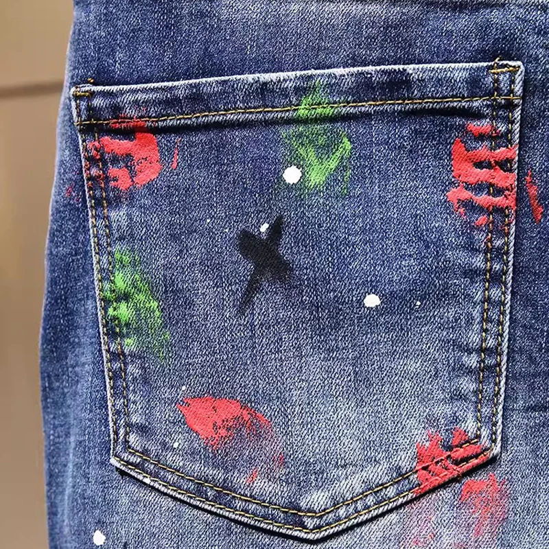

Мужские джинсы Street Designer Fashion: ретро-стиль, синие, стрейч, слим-фит, с росписью и рваными элементами, Y2K, хип-хоп, винтажные джинсовые брюки для мужчин