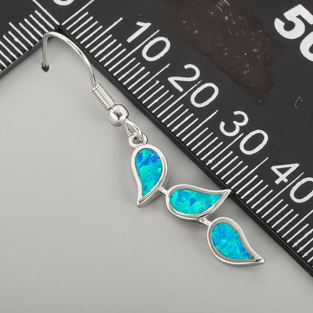 KONGMOON 3 Nature Leaf Shape Ocean Blue Fire Opal Jewelry for Women Dangle Drop Earrings