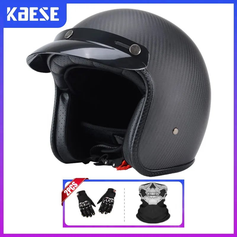 

Open Face Carbon Fiber Helmet 3K Ultra Light 3/4 Motorcycle Helmets Ultra Light Vintage Carbon Shell Safety Cap DOT Approved