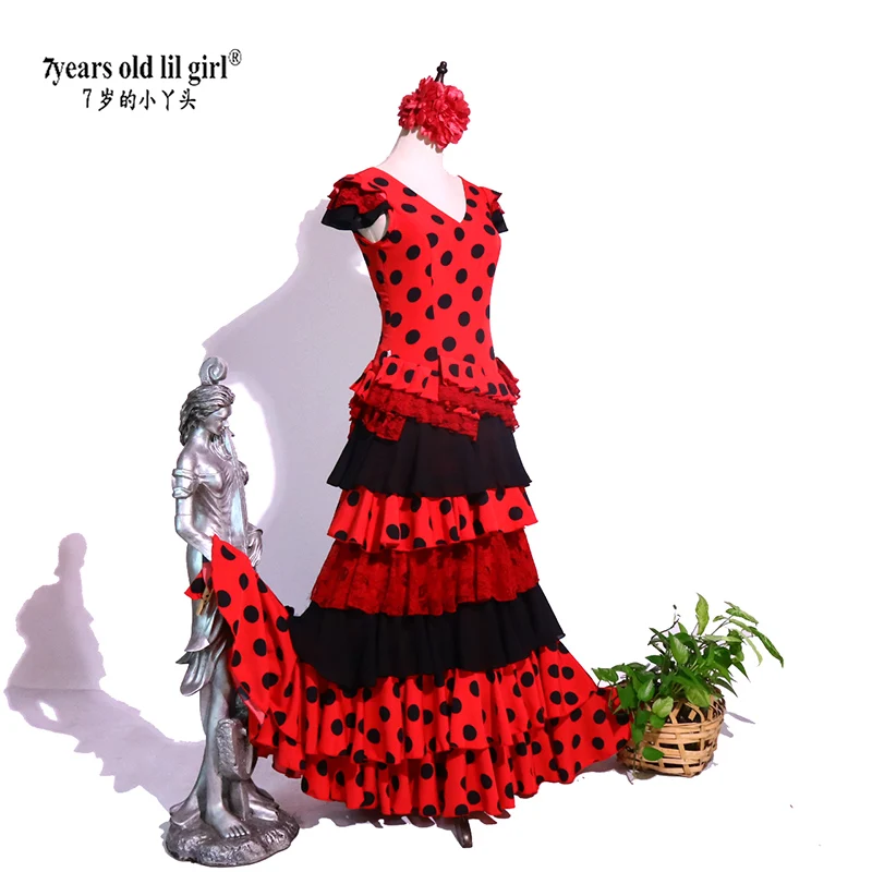 Vestido de dança espanhola lilgirl de 7 anos, vestido de flamenco, feminino, GI13