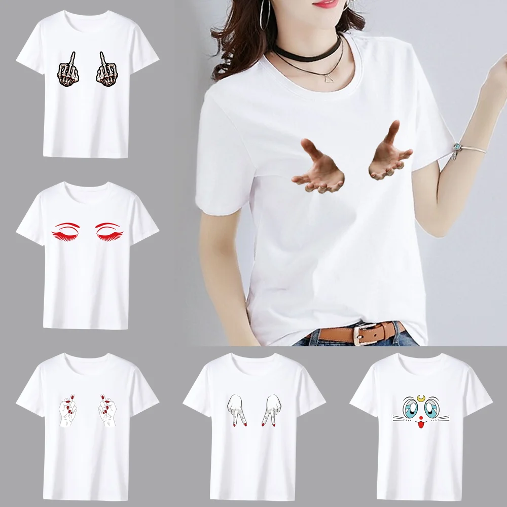 Women's T-shirts Harajuku Girls Tops Chest Gesture Pattern Series O-neck Short Sleeves Loose Summer Tshirt White Tees XXS-5XL