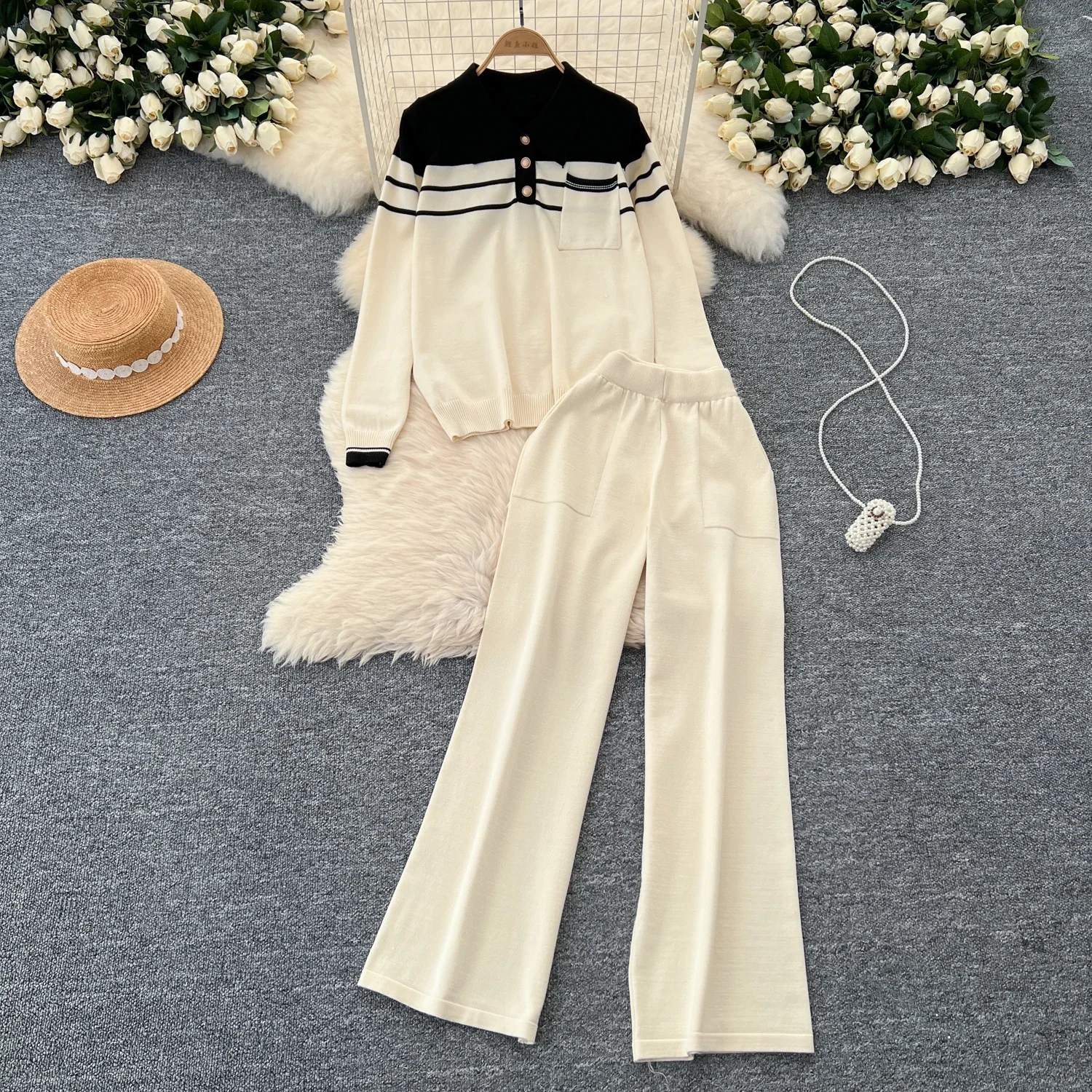 Chic Women Two-Piece Sets Vintage Turn-down Collar Parchwork Knit Top High Waist Wide Leg Pants Fashion Autumn Winter Clothing